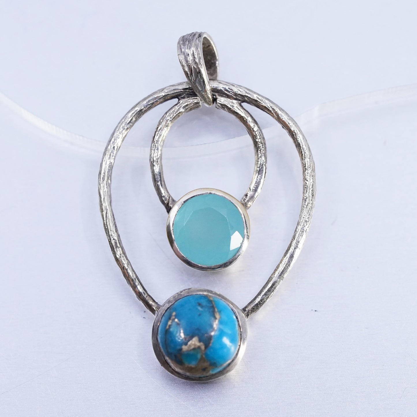 Vintage sterling 925 silver textured pendant with blue Chalcedony and turquoise