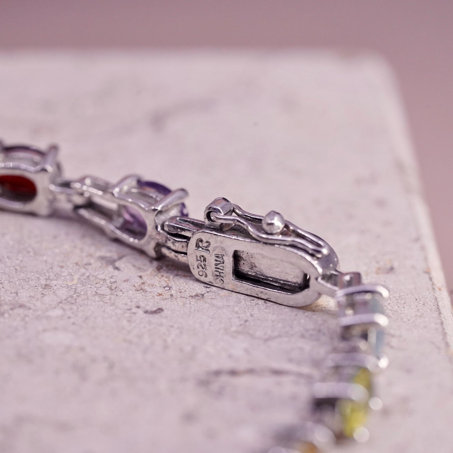 7”, sterling silver 925 tennis bracelet with multi color gemstones ruby peridot