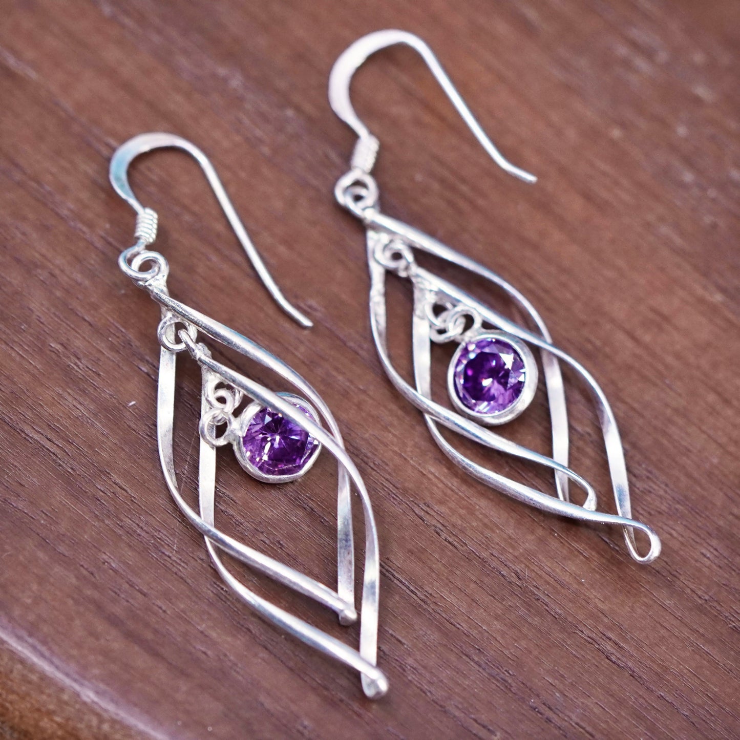 Vintage sterling silver handmade earrings, 925 twisty with amethyst