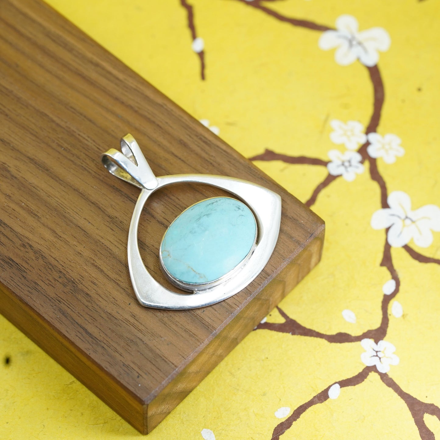 Vintage Sterling silver handmade pendant with oval turquoise