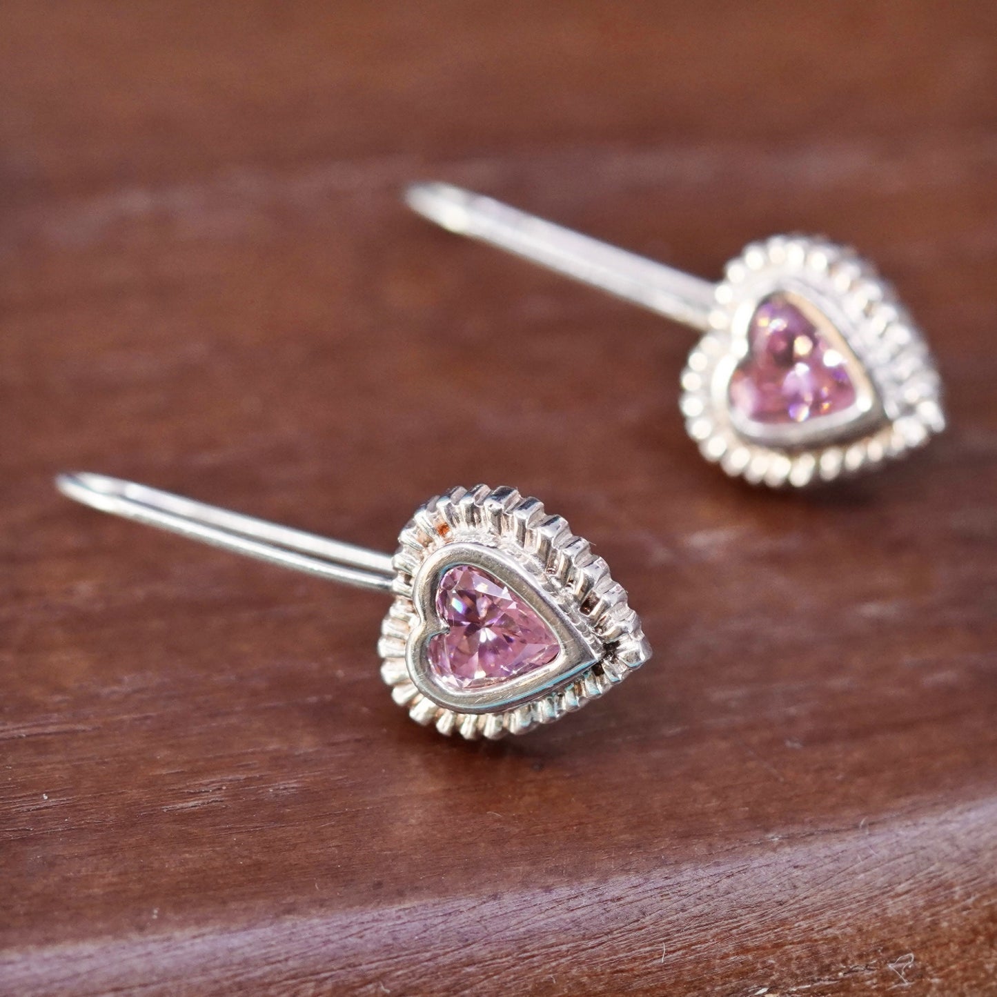 Vintage Sterling 925 silver handmade heart earrings with crystal and beads