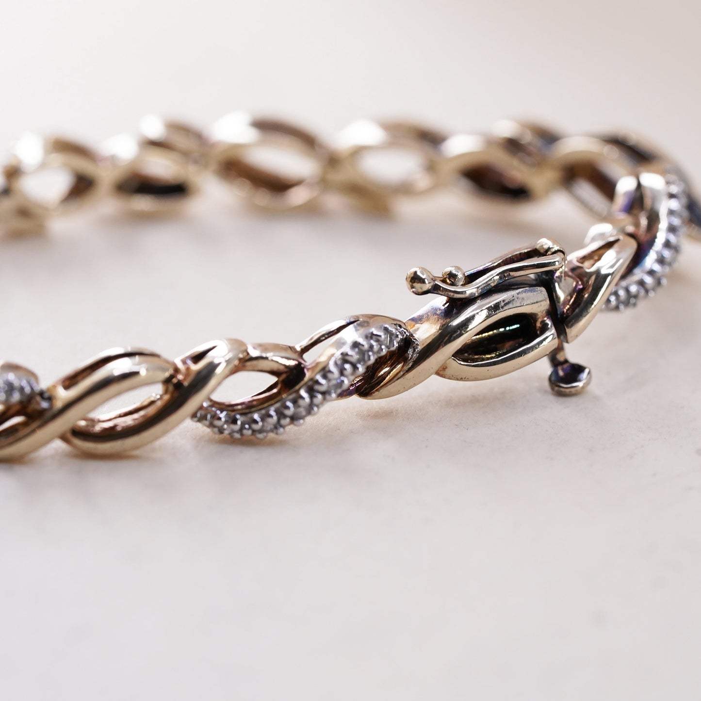7.5”, vermeil gold sterling silver tennis bracelet, 925 twisted chain diamond