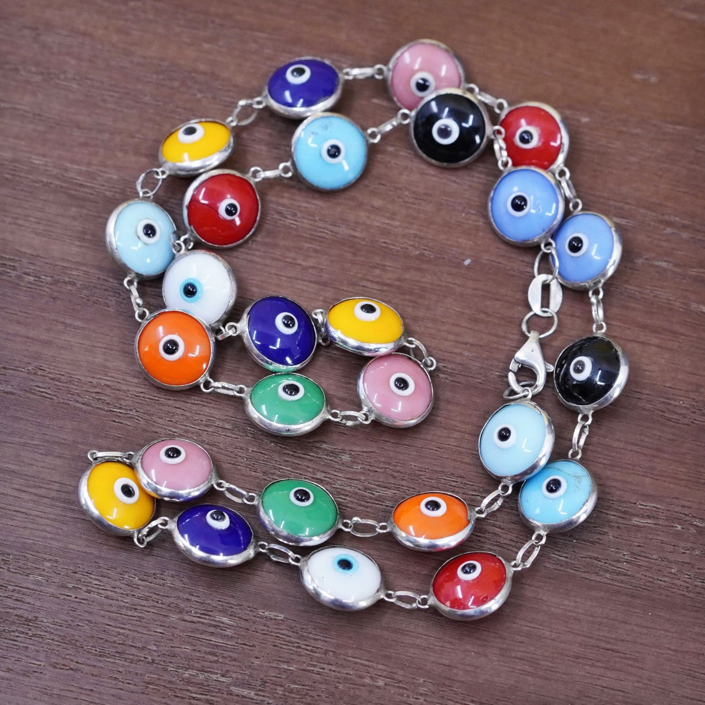 17”, Sterling 925 silver handmade necklace with colorful glass evil eye links