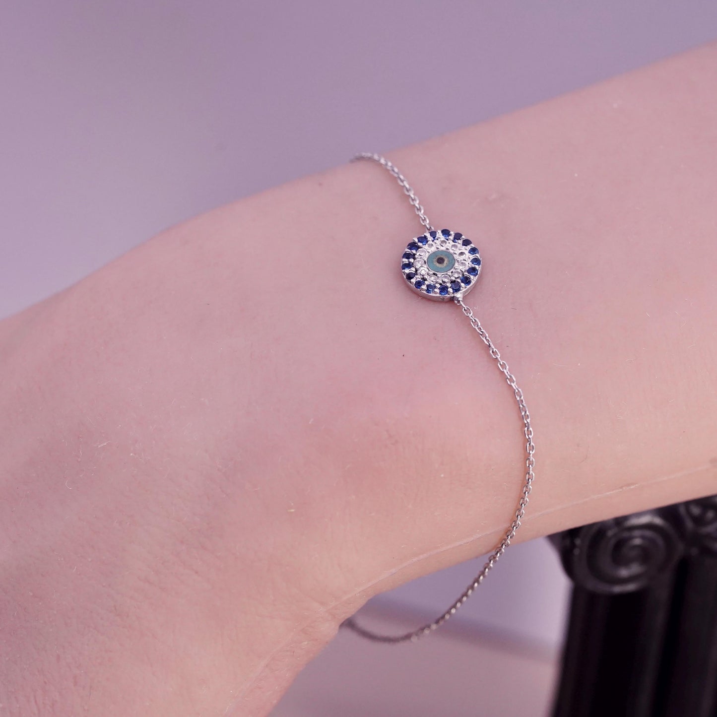 7.25”, Vintage handmade sterling silver bracelet, cluster cz evil eye charm