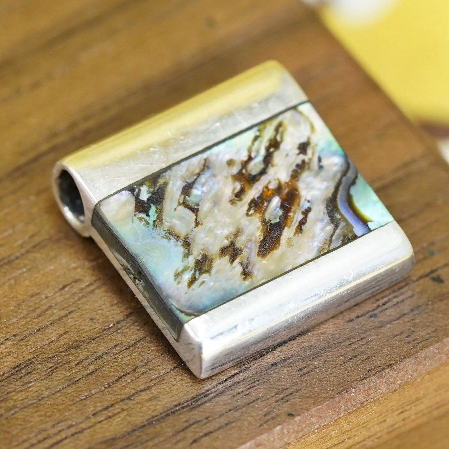 Vintage Sterling silver handmade pendant, Mexico 925 square with abalone inlay
