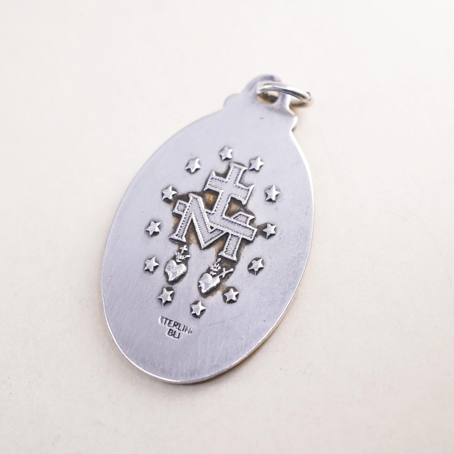 Vintage sterling silver pendant, 925 Virgin Mary charm “Mary conceived without