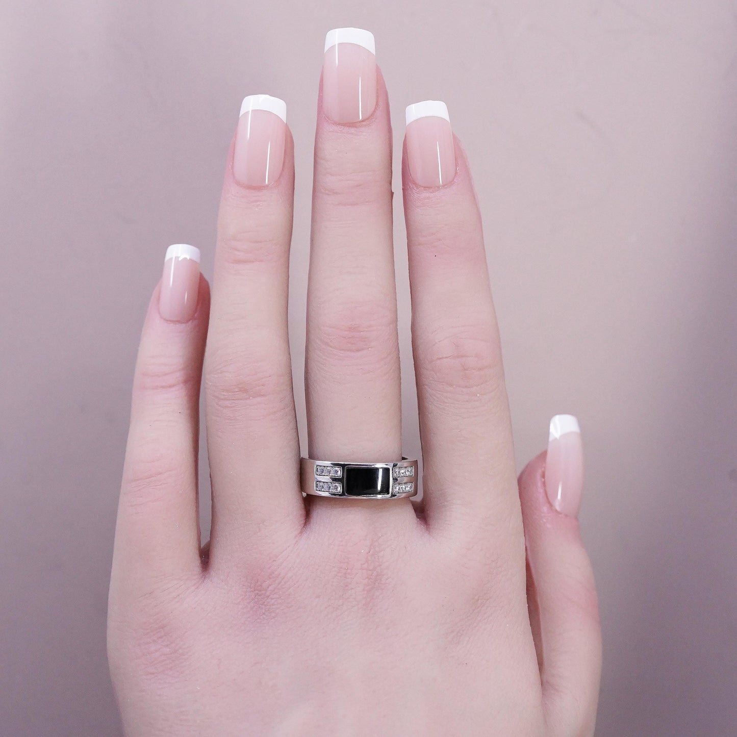 Size 8, 925 Sterling Silver Black Onyx Ring, Men’s CZ Band, Modernist Wide Ring