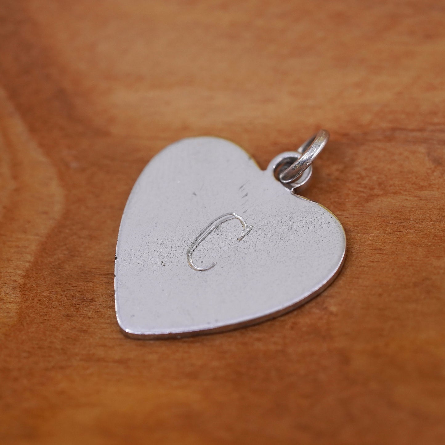 Vintage Sterling silver handmade charm, 925 heart tag pendant engraved C
