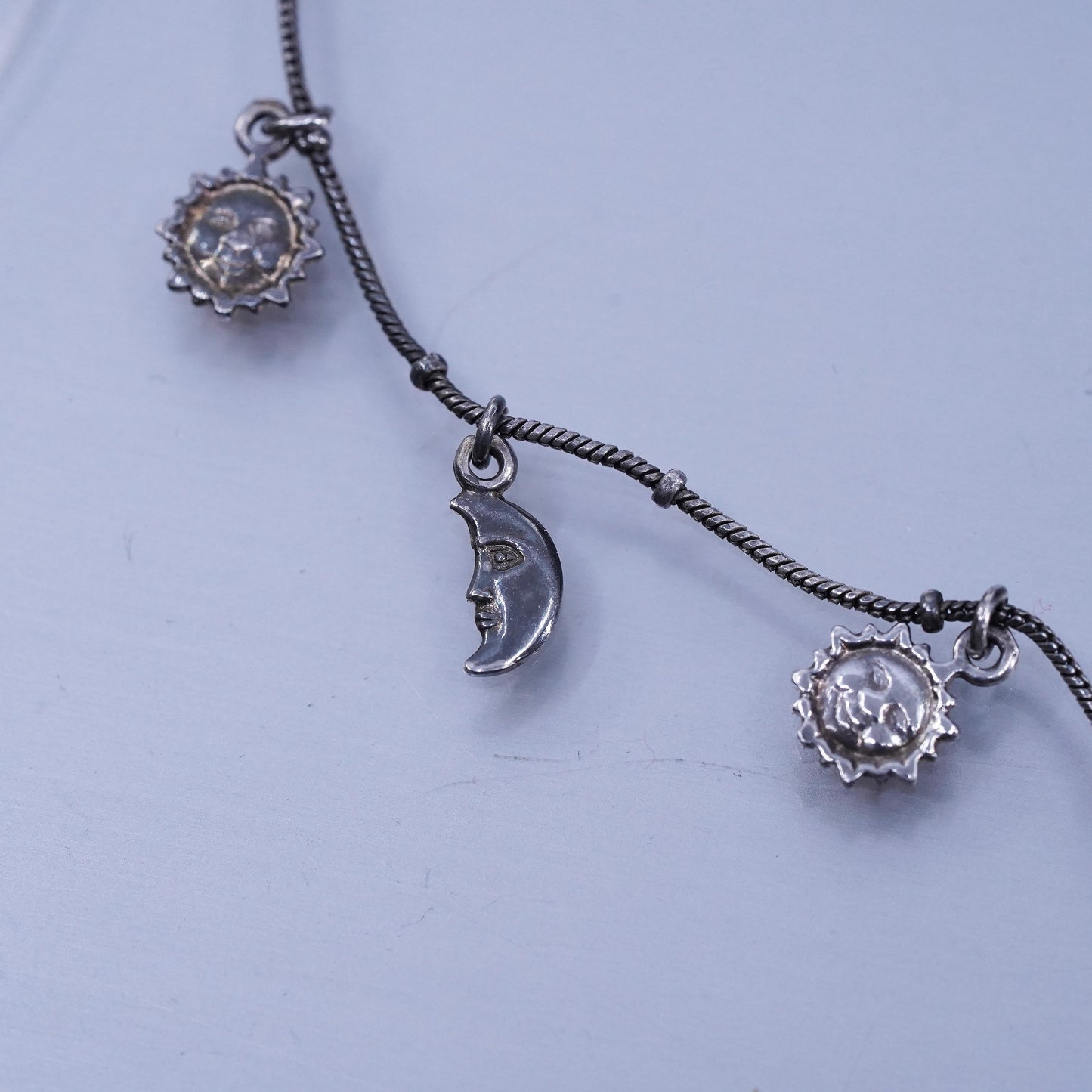 14”, Vintage Sterling 925 silver handmade choker necklace with sun moon charms