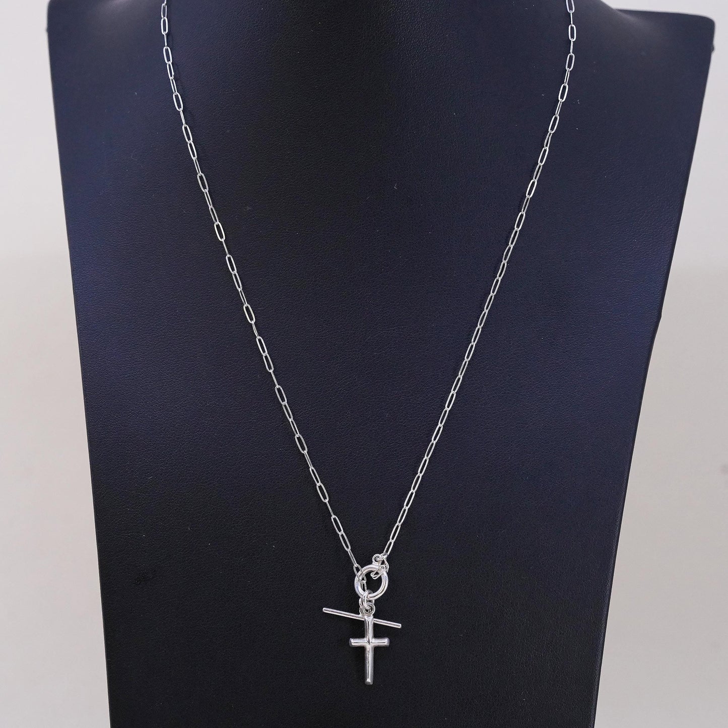 20”, sterling 925 silver necklace, cross pendant elongated chain toggle closure