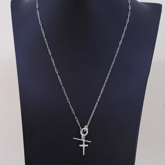 20”, sterling 925 silver necklace, cross pendant elongated chain toggle closure
