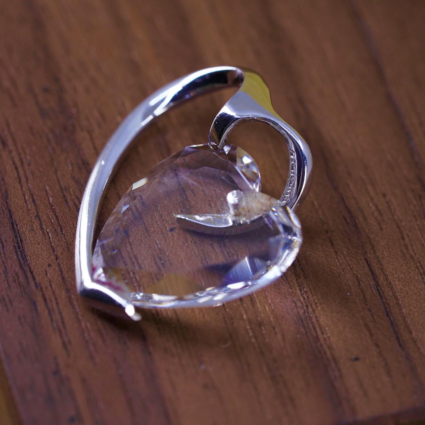 Vintage Sterling 925 silver double heart pendant with clear crystal