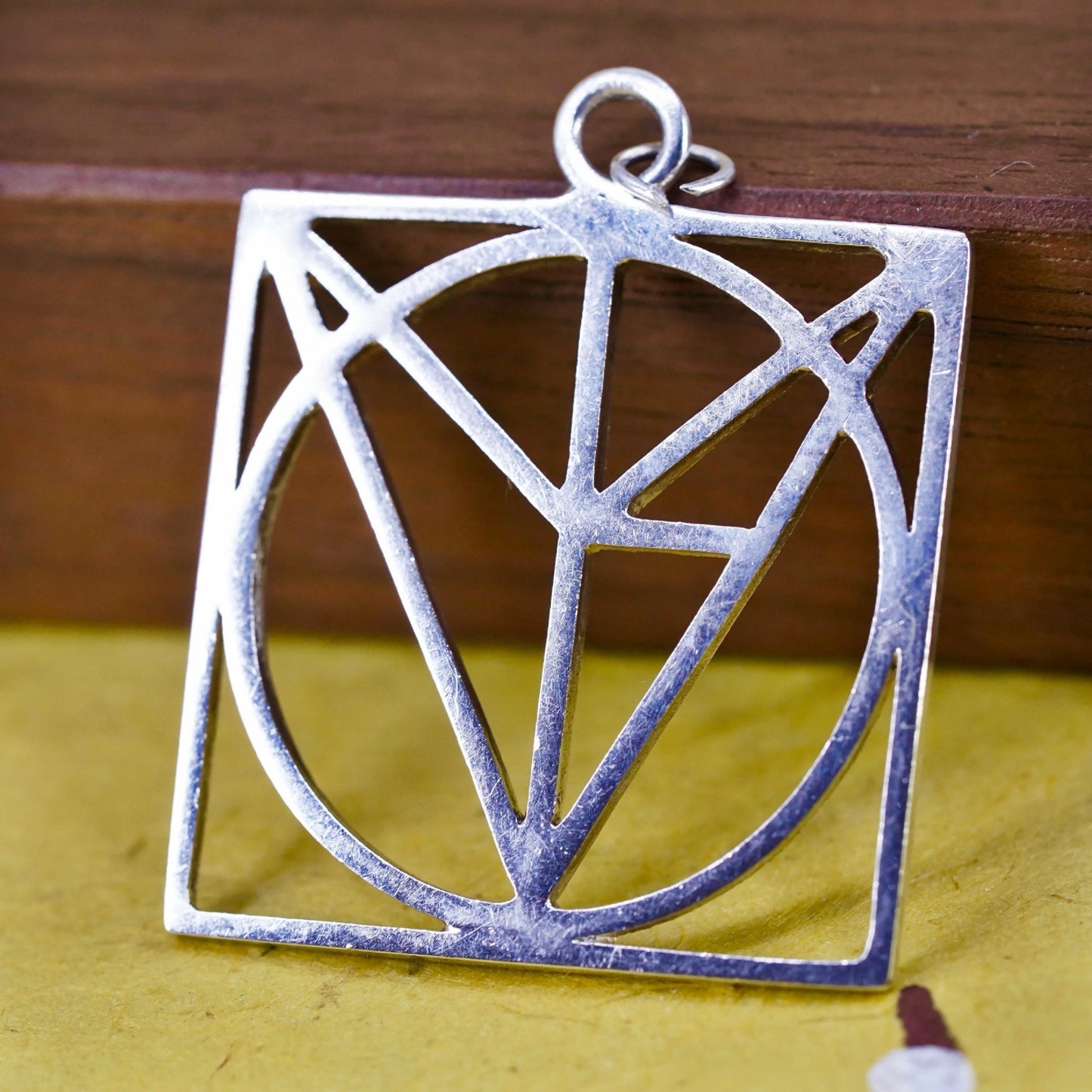 Sterling Silver Geometric Square Pendant Modernist Abstract Line, Artisan Charm