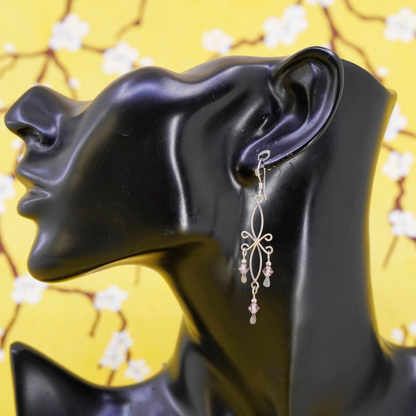 Vintage Sterling silver handmade earrings, 925 swirl wired dangles with crystal