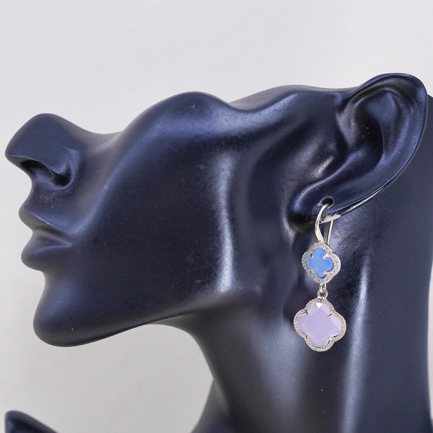 Italian yellow gold plated Sterling Silver Blue Pink Chalcedony Clover Earrings