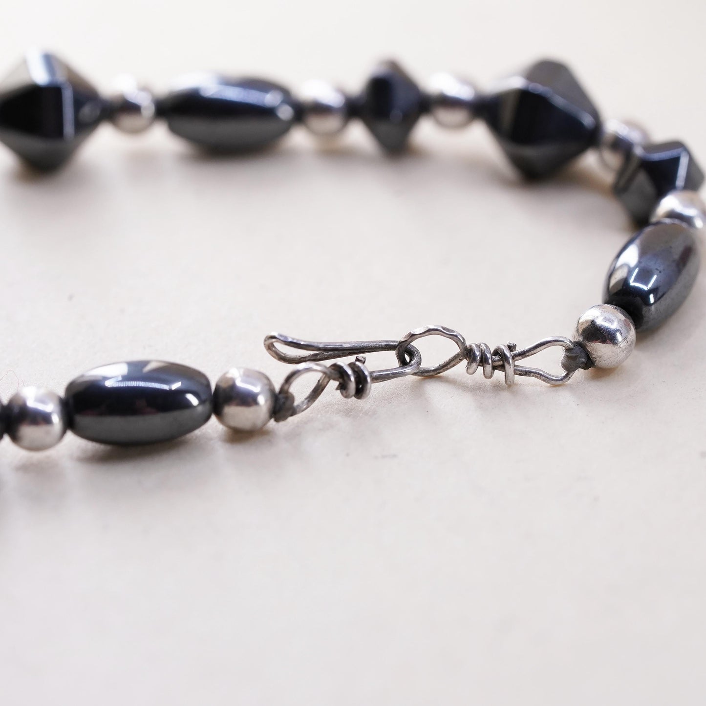 6.25”, Vintage handmade bracelet, hematite cubes with 925 silver beads chain