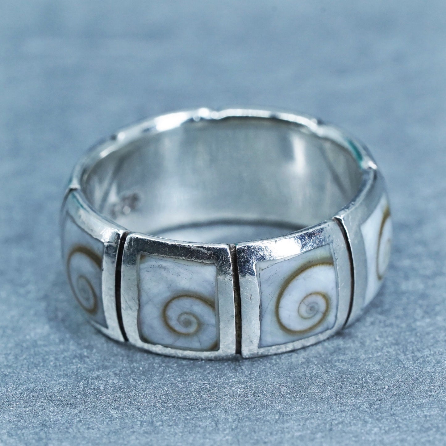 sz 8.5, Sterling 925 Silver Shiva eye Ring | Mexican Jewelry, band fossil shell