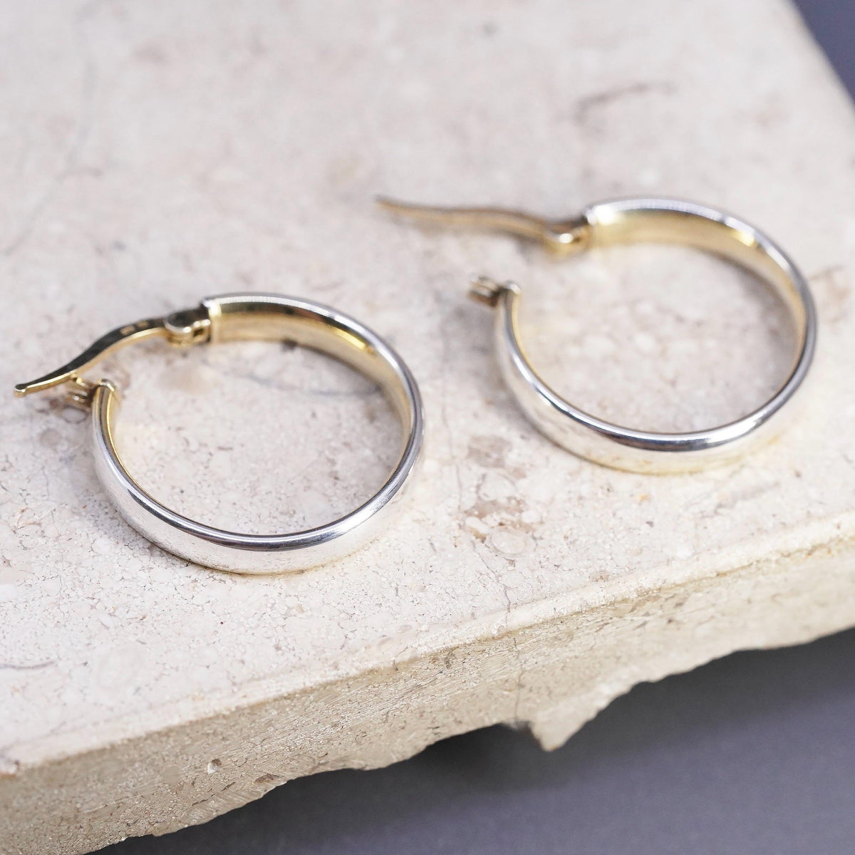 1", vintage two tone Italy Sterling silver handmade earrings, 925 hoops, huggie