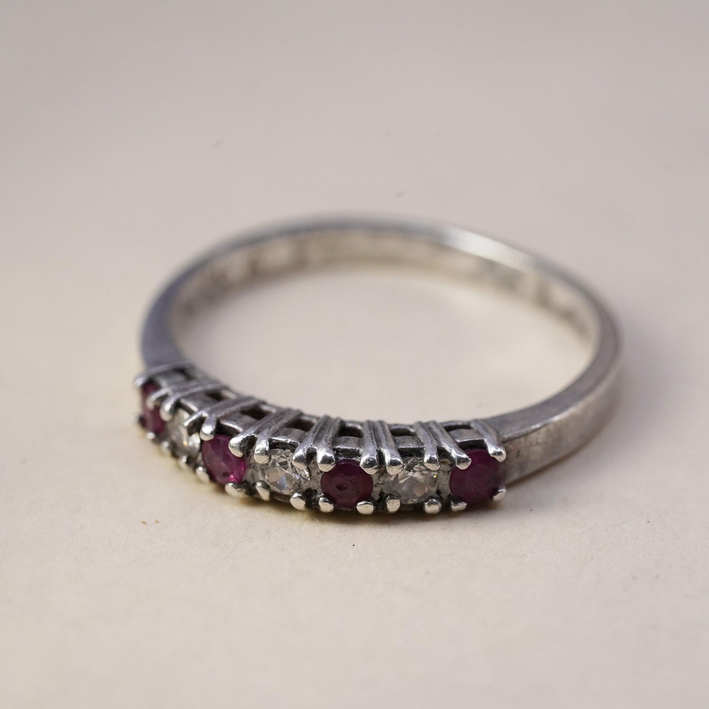 Size 9.25, Vintage sterling 925 silver handmade stackable ring with ruby and cz
