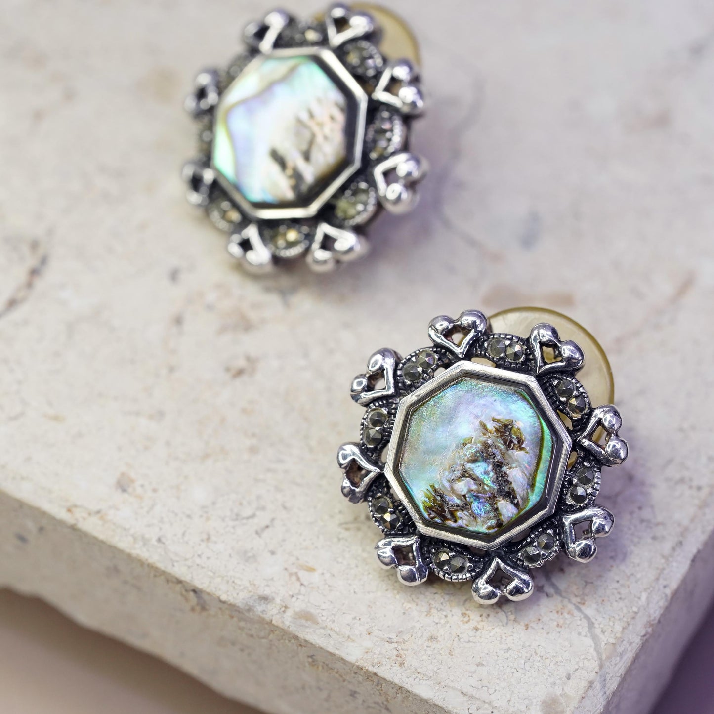 Vintage Thailand Sterling 925 silver Hexagram studs earrings with abalone inlay