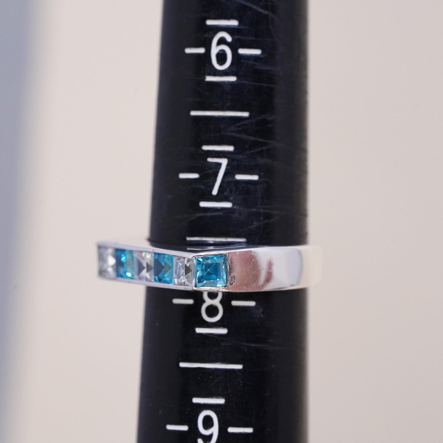Size 7.5, vintage sterling 925 silver ring cluster square CZ, stackable band