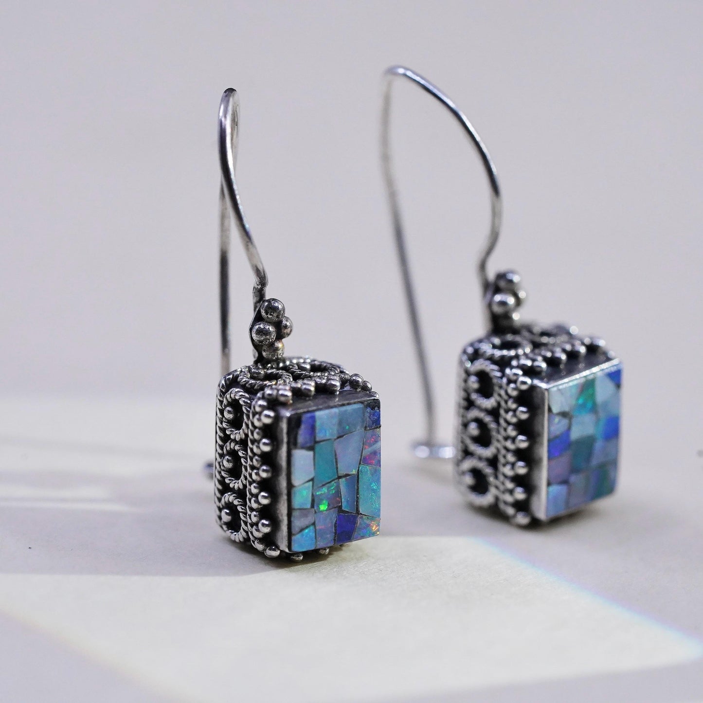 Vintage MNSN Sterling silver handmade mosaic earrings, rectangular dangles opal