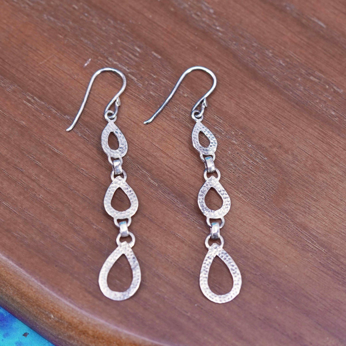 Vintage Sterling silver handmade earrings, hammered 925 teardrop Dangles
