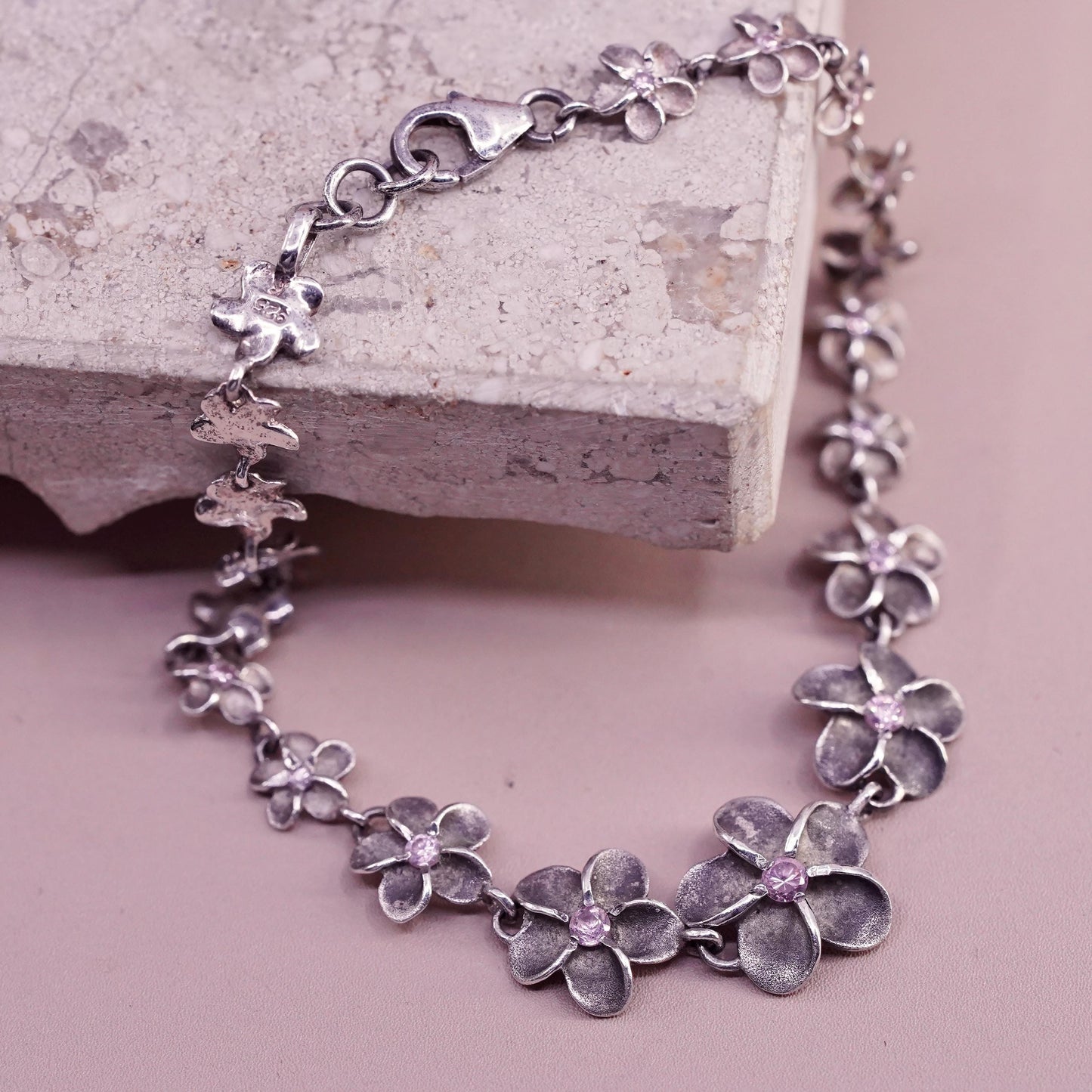 7.25", Sterling silver bracelet, solid 925 plumeria flower pink cz