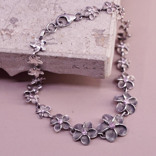 7.25", Sterling silver bracelet, solid 925 plumeria flower pink cz