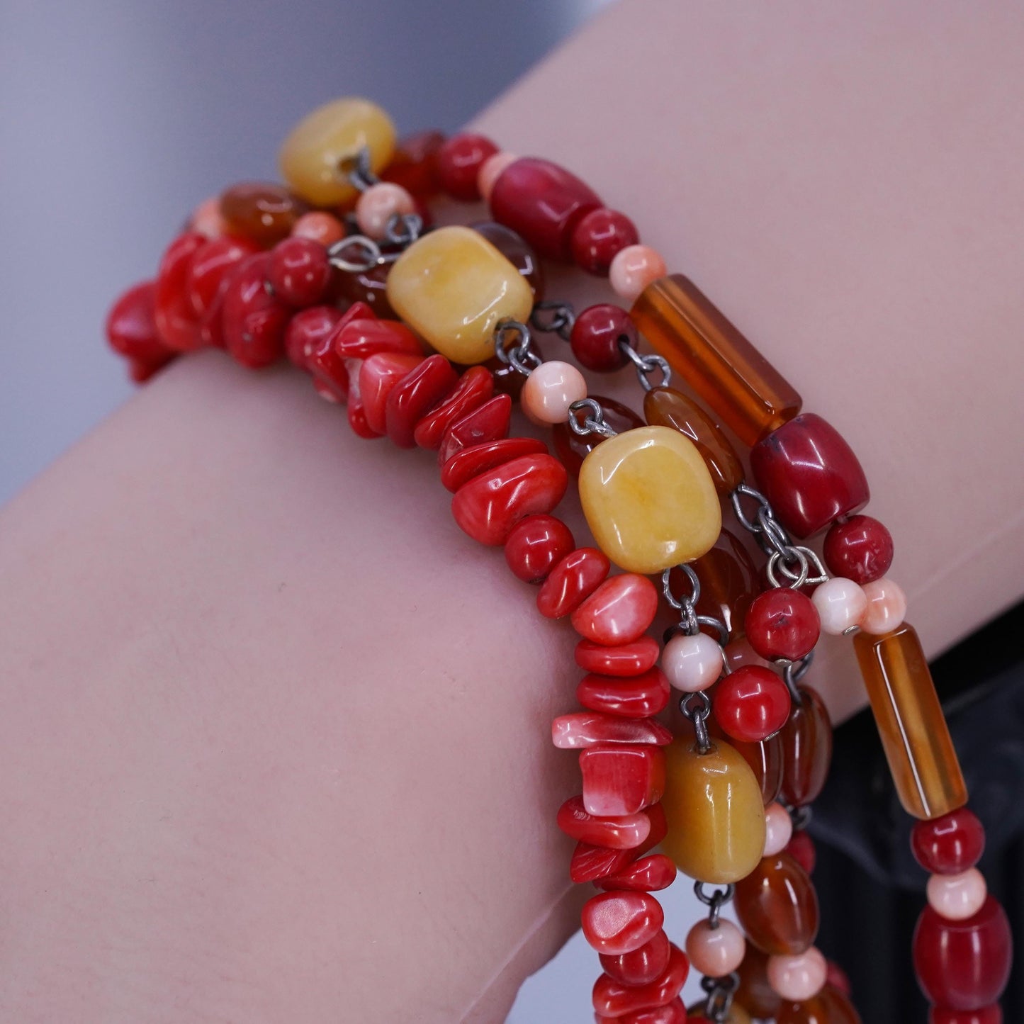 8+1”, Sterling 925 silver multi strands beaded bracelet agate coral carnelian