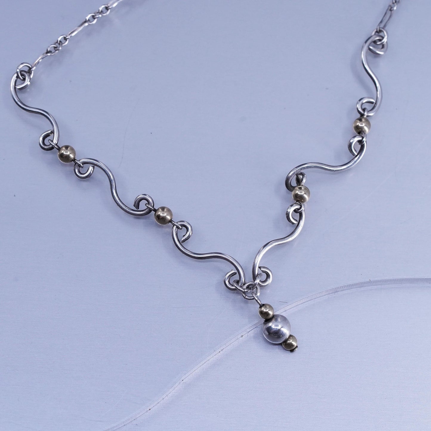 17”, vintage Sterling 925 silver elongated chain necklace with 14K gold beads