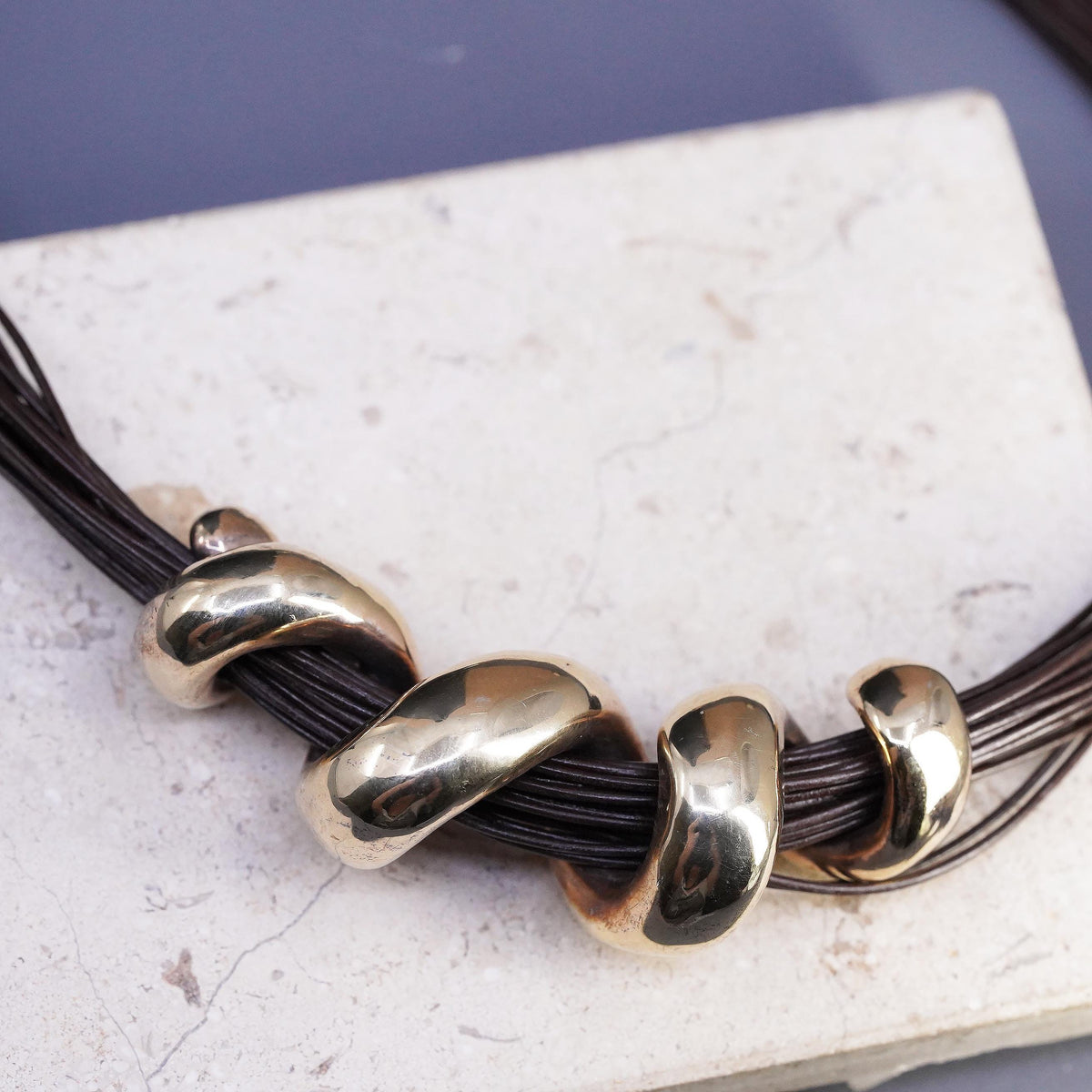 20+2", Vermeil Gold Sterling 925 Silver Multi Strand Leather Necklace Swirl