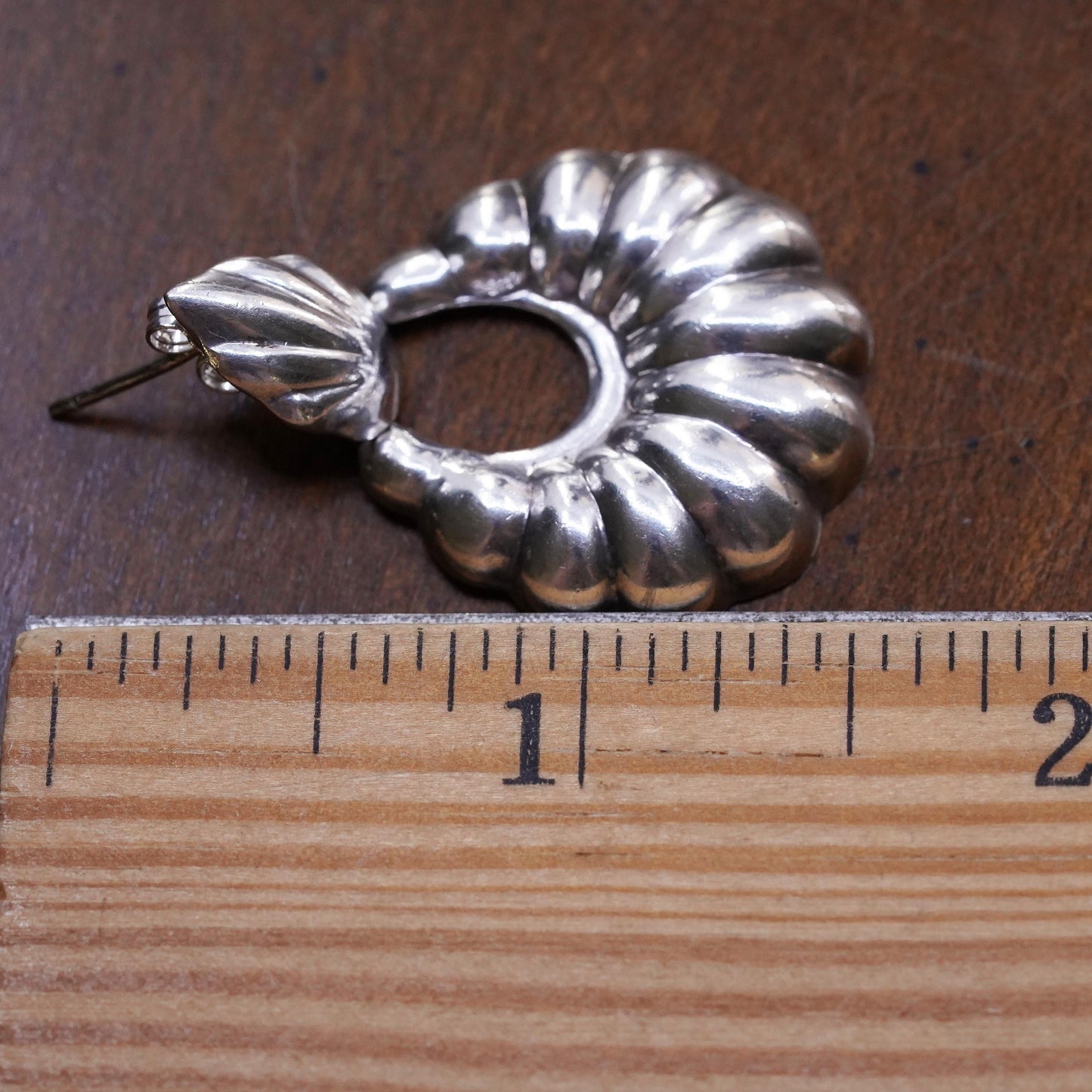 1.5", Vintage sterling 925 silver single earring, fashion ribbed hoop dangle