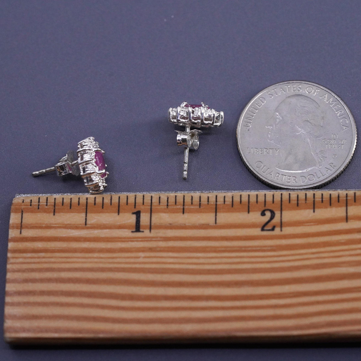 Vintage Sterling silver handmade earrings, 925 studs with ruby and diamonds