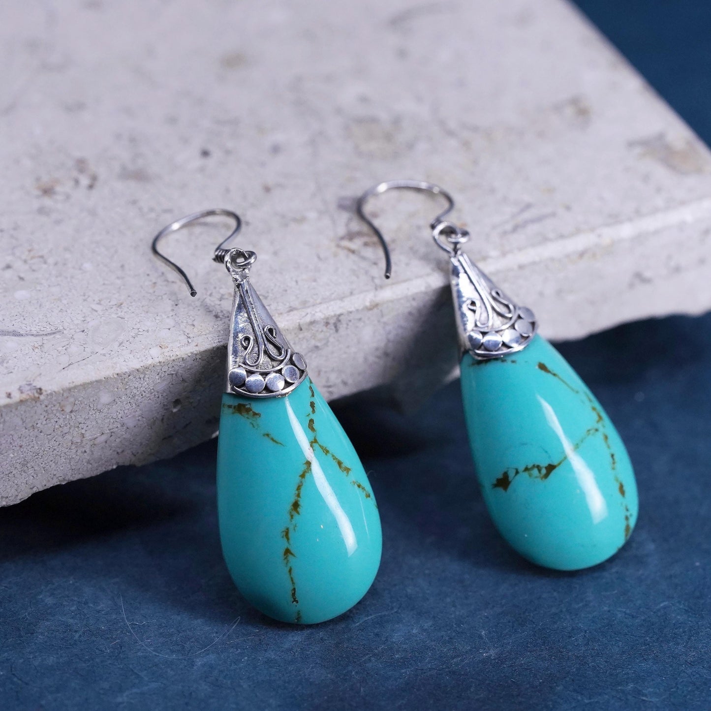 Vintage sterling 925 silver handmade teardrop earrings with turquoise beads
