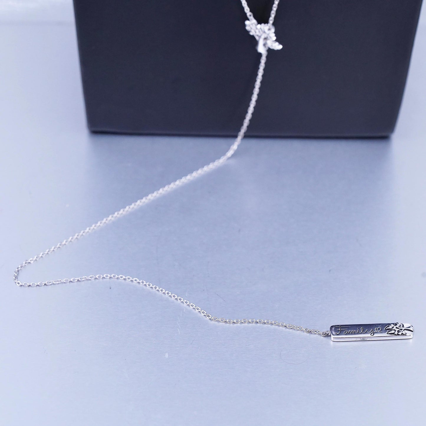 32" Sterling 925 silver extra long circle necklace w/ tree tag embossed family