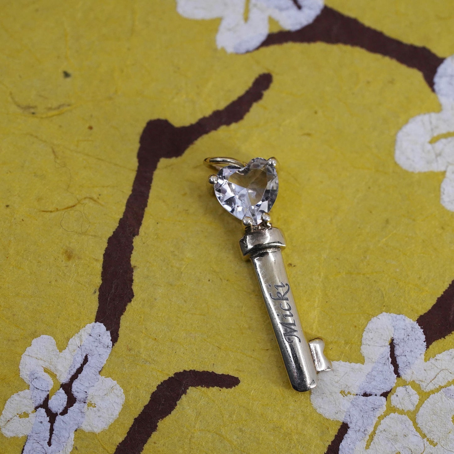 vermeil gold Sterling silver pendant, 925 heart shaped key cz engraved Micki