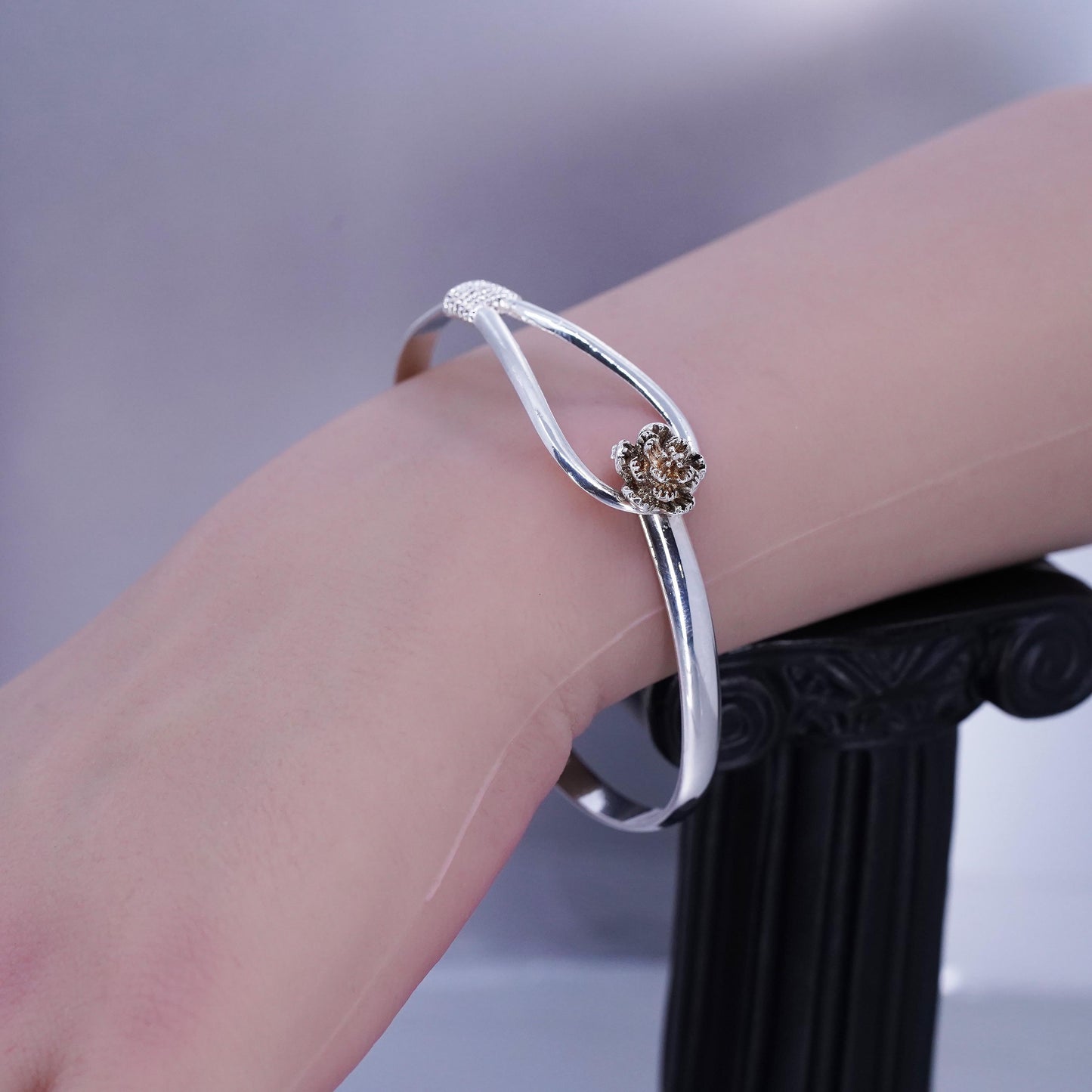 7”, Vintage Sterling 925 silver handmade bracelet, rose flower hinged bangle