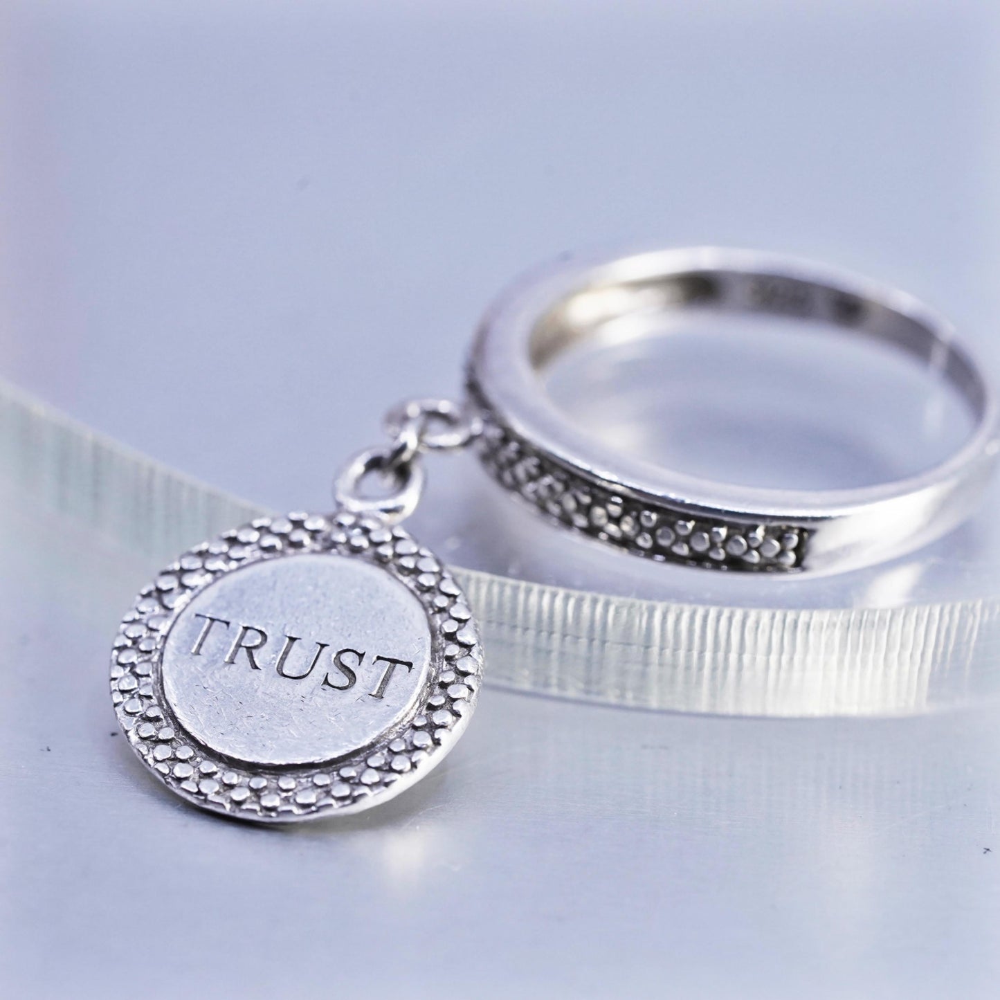 Size 7.25, Sterling 925 silver handmade ring tag charm embossed Trust diamond
