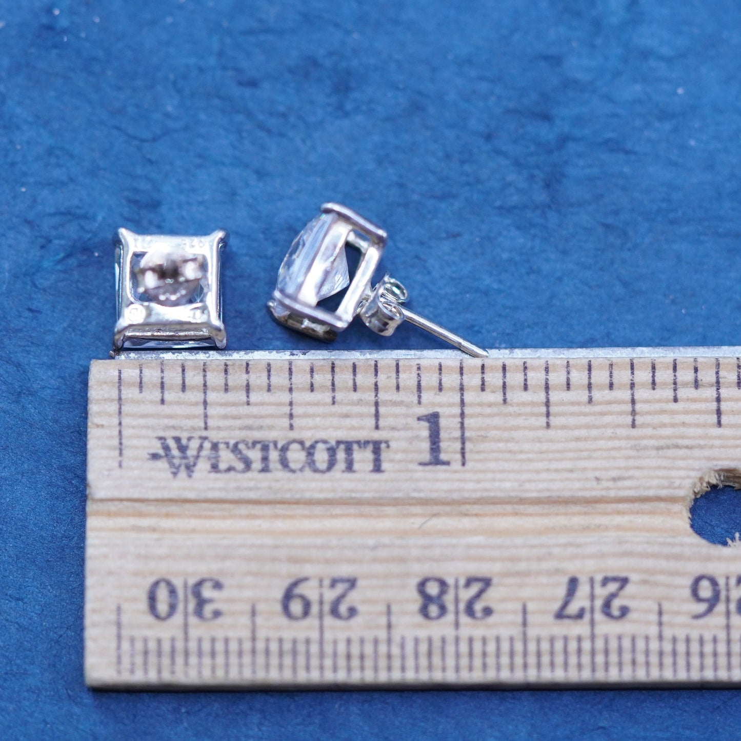 9mm, Vintage sterling silver handmade earrings, 925 rectangular studs with CZ