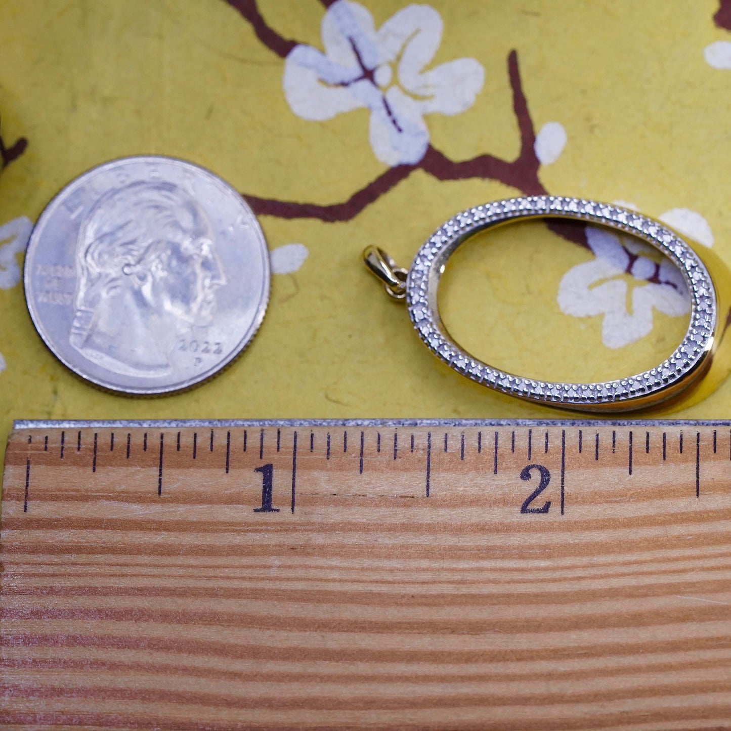 Vintage gold plated sterling silver pendant, 925 oval with genuine diamond