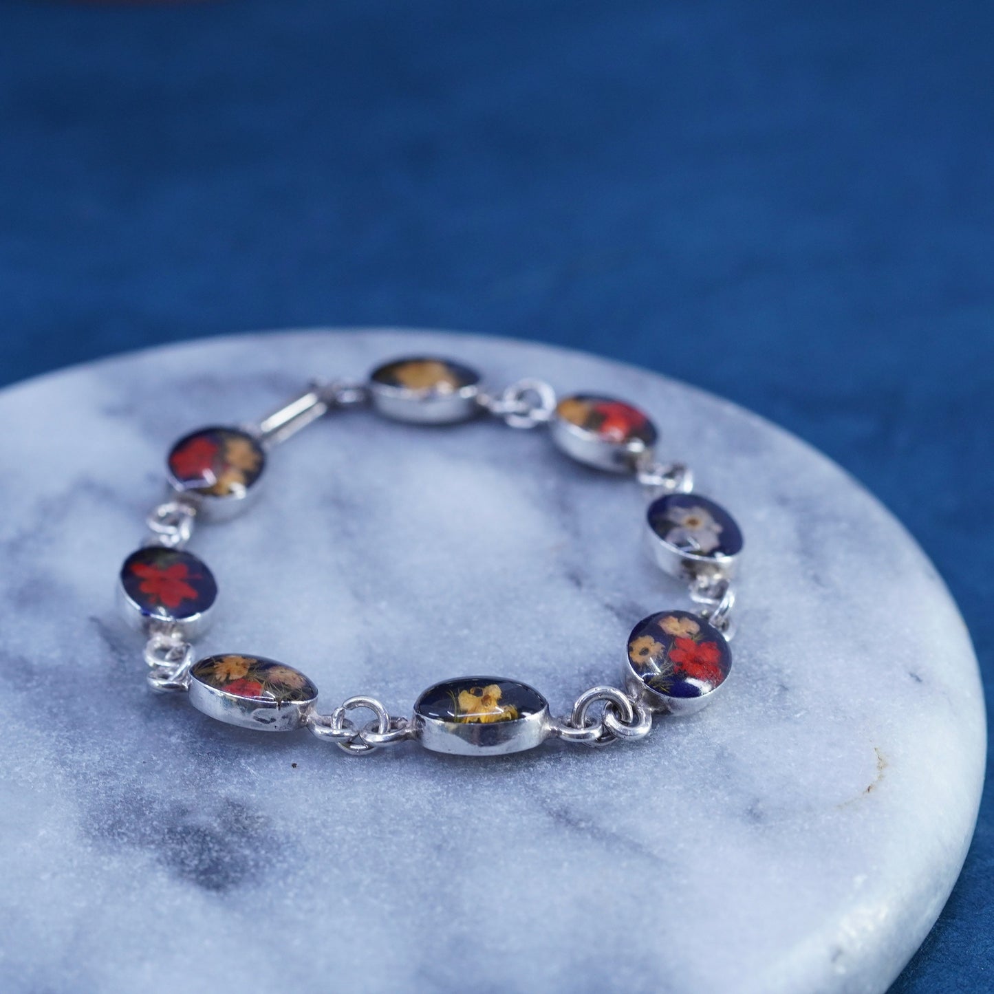 7.75”, vintage Sterling 925 silver handmade tennis bracelet with floral resin