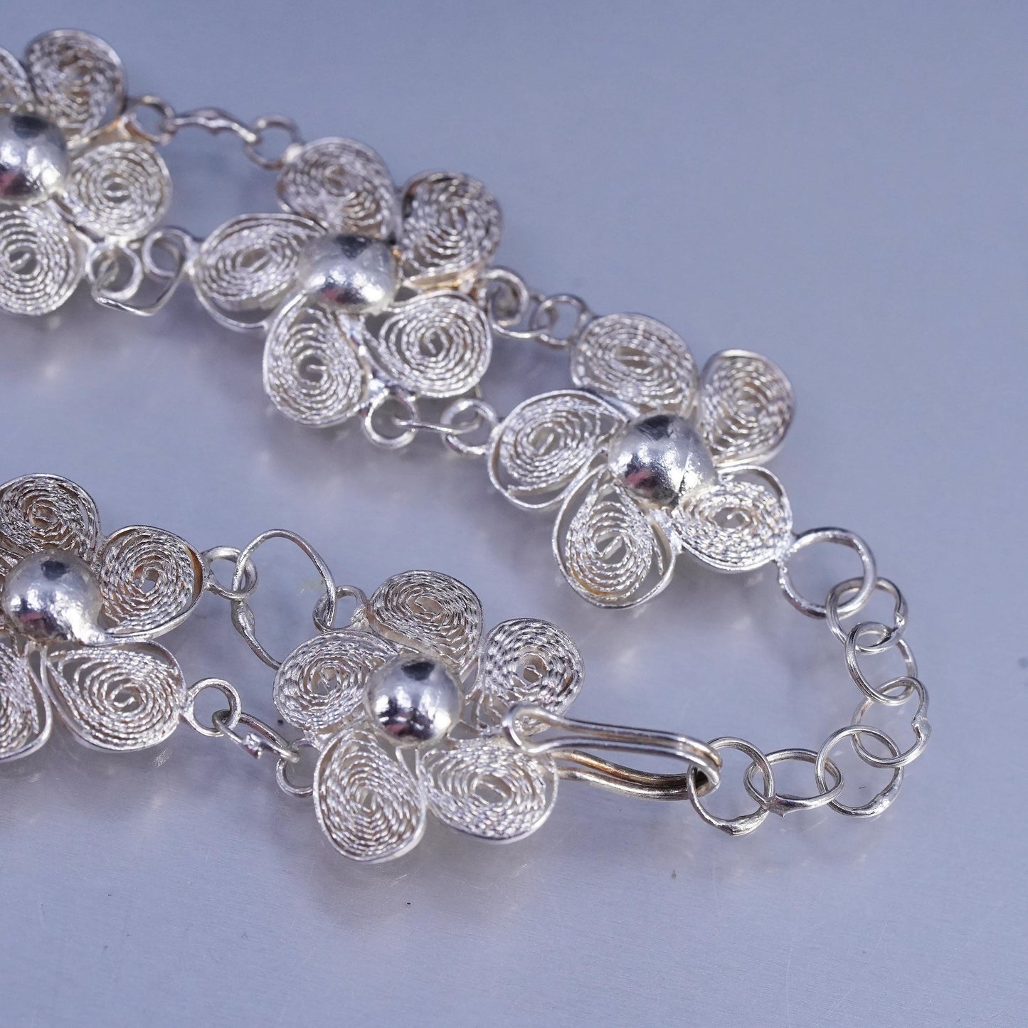 16", Vintage Sterling 925 Silver handmade Necklace Filigree Floral link chain