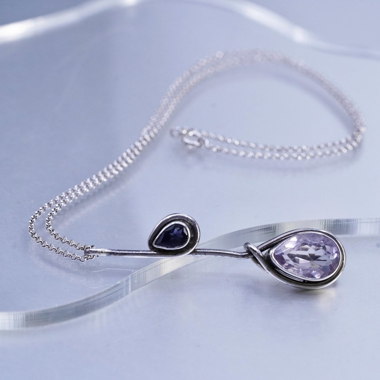 18", Italian Sterling 925 silver necklace with 2.25” teardrop amethyst pendant