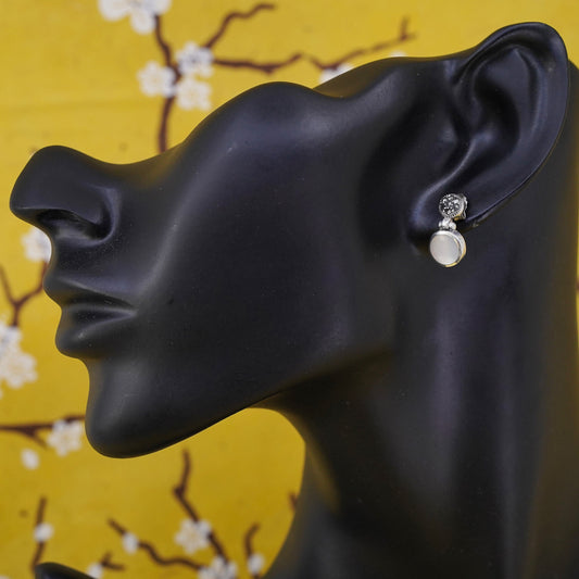 Vintage Sterling 925 silver handmade earrings with mother of pearl Marcasite
