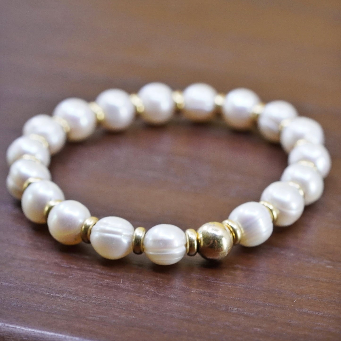 7”, Italian yellow gold Sterling silver bead 10mm freshwater pearl bracelet