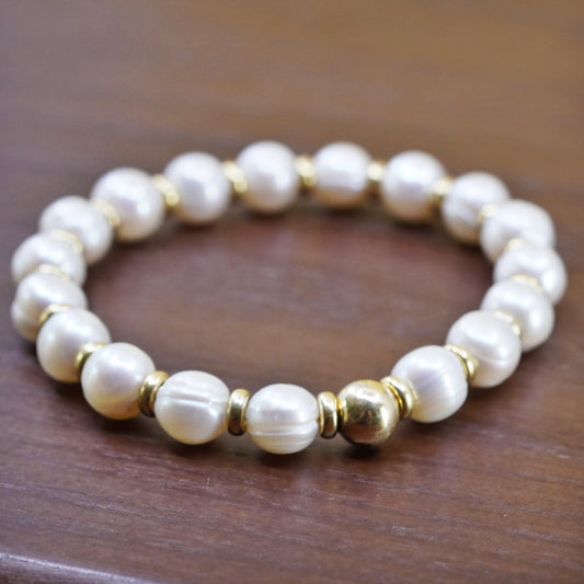 7”, Italian yellow gold Sterling silver bead 10mm freshwater pearl bracelet