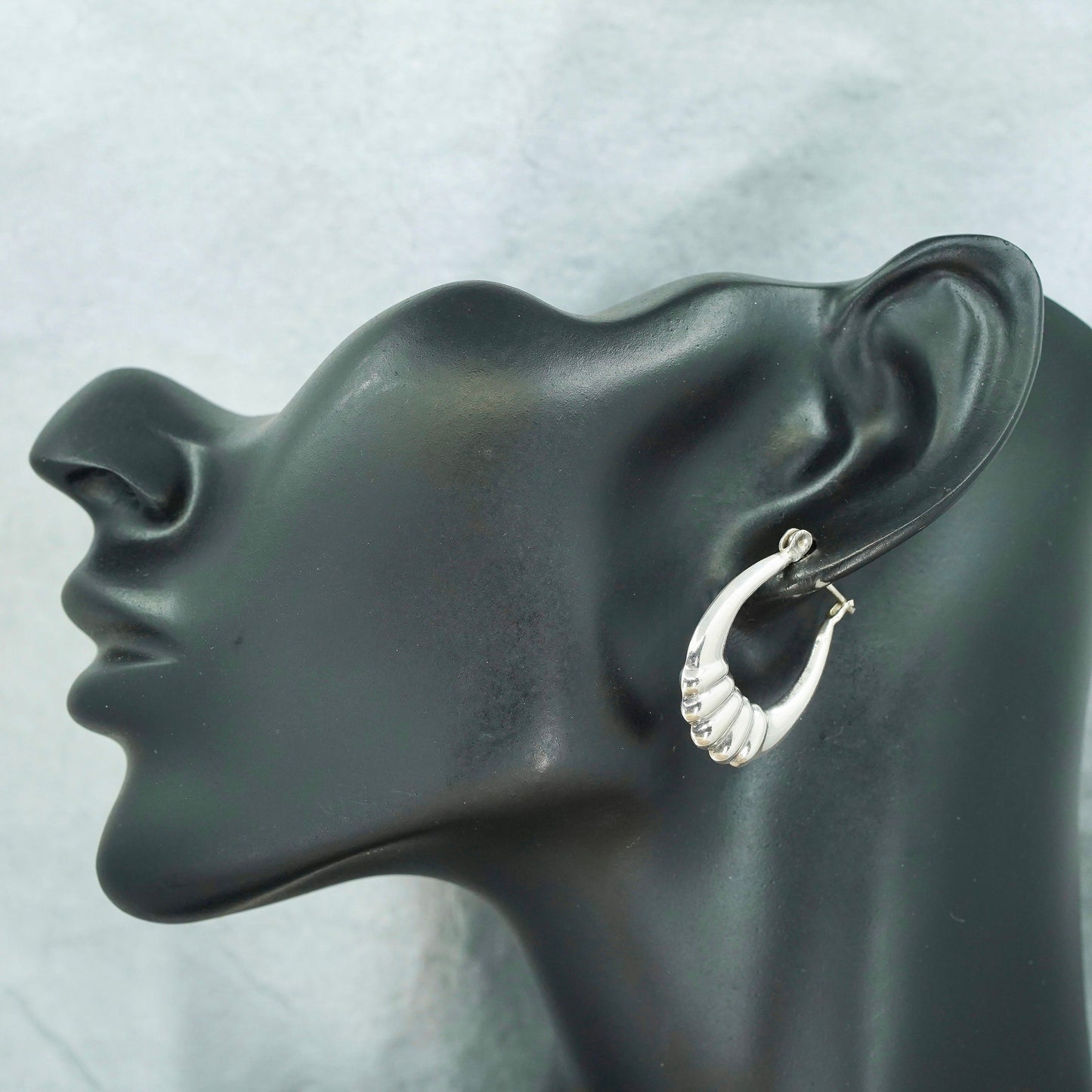 1.25”, vintage Sterling silver handmade earrings, oval 925 ribbed hoops