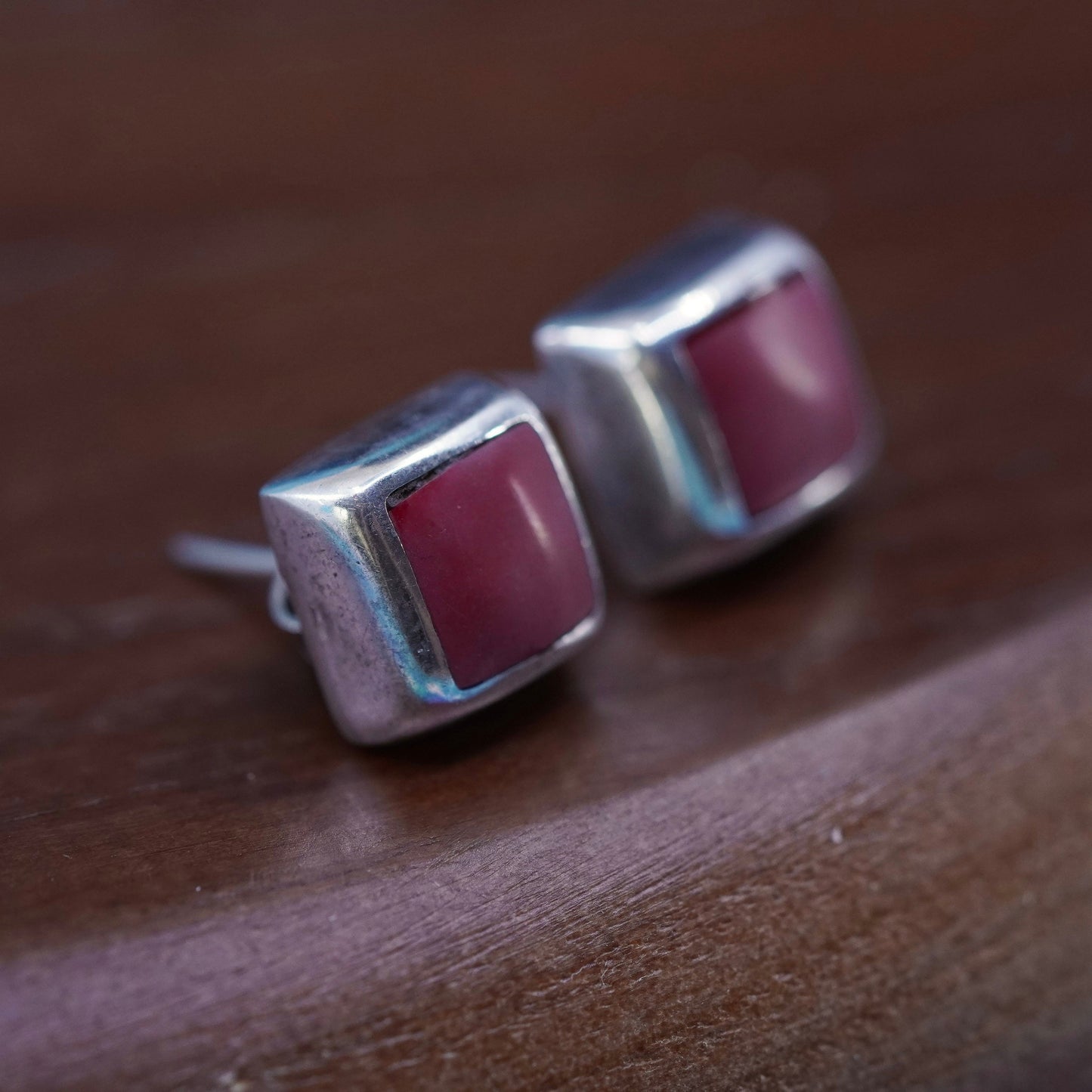 Mexico Sterling silver handmade earrings, square studs with red jasper inlay