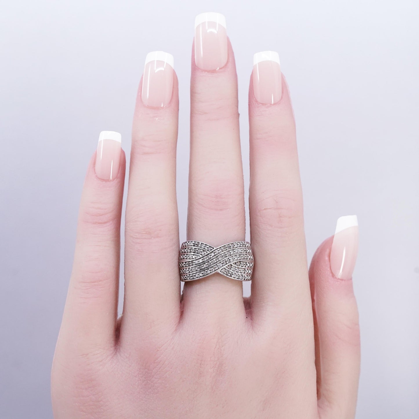 Size 8.25, vintage Sterling 925 silver band ring with cluster genuine diamonds
